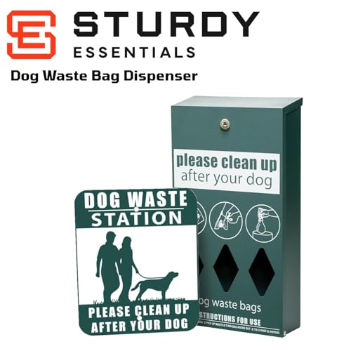 Sturdy Essentials Complete Premium Dog Waste Station with 11.5 Gallons Pet Waste Bin, Trash Receptacle, Weatherproof, Stainless Steel, Easy Bag System Includes 300 Dog Waste Bags & 25 Liners - Green