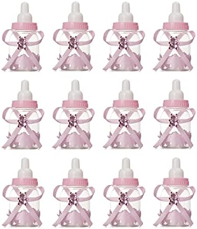 Fannuoncc 12 Pcs Baby Bottle Shower Favor, 3.5-Inch Mini Plastic Candy Bottles for Baby Shower, Party Decoration (Pink)