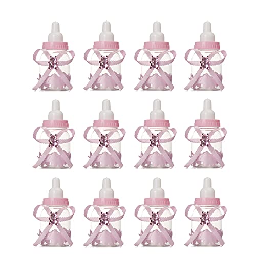 Fannuoncc 12 Pcs Baby Bottle Shower Favor, 3.5-Inch Mini Plastic Candy Bottles For Baby Shower, Party Decoration (Pink) #TOP24