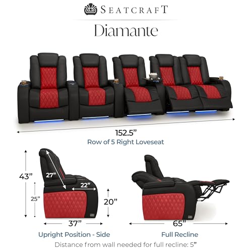 Image of Seatcraft Diamante Black /Red Italian Leather Home Theater Seating, Zero Gravity Power Recliner, Gaming and Home Office Chair, Powered Headrest Furniture for Cinema Room, Row of 5 Right Loveseats
