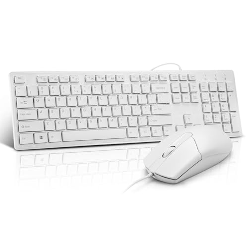 Wired Keyboard and Mouse Combo, Full-Sized Ergonomic Computer Keyboard and Optical Wired Mouse for Windows, Mac OS Desktop/Laptop/PC-White