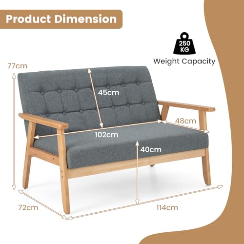 COSTWAY 2-Seater Sofa, Linen Fabric Upholstered Loveseat Sofa Couch with Rubber Wood Legs, Modern Button-Tufted Double Seat Lounge Sofa Chair for Living Room Bedroom Reception, Grey - Image 3