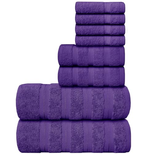 Casabella 8 Pc Towel Set Purple Luxury Quality100% Combed Cotton 650 GSM-8 Pc Towels Set Conatains 4 Wash cloths, 2 Hand Towels & 2 Bath Towels Super Absorbant 8 Pc Purple Towel Bale Sets