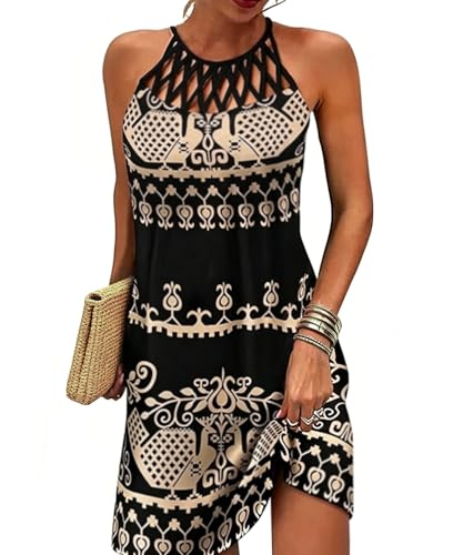 Image of LUOMYVEL Women's Summer Dresses Halter Neck Sleeveless Sundress Ladies A-Line Casual Beach Dress (Black, XL)