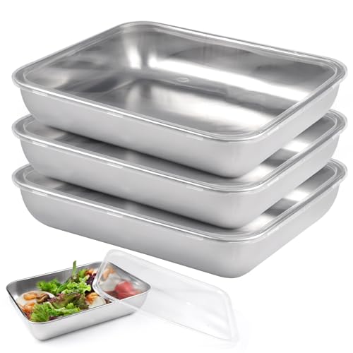 3-Teilig Panierschalen Set,25x20x5 cm Backblech Edelstahl Auflaufform,Panierstraße mit Deckel,Edelstahl Schale Rechteckig,Metall Schale zum Panieren,Panier-Set für Schnitzeln, Fisch,Früchte und Gemüse