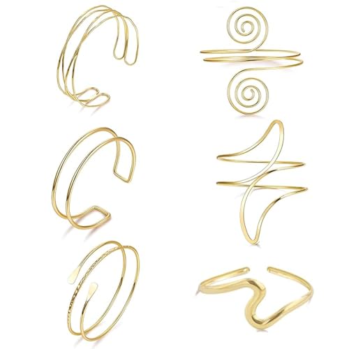 6 Pieces Gold Arm Cuff Jewelry, Upper Arm Cuff Bracelets Bangle for Women, Adjustable Minimalist Open Arm Cuff Armlet Armband - Main Image