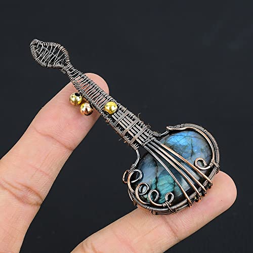 Guitar Shaped Gemstone Pendant Copper Wire Wrapped Jewelry Necklace3