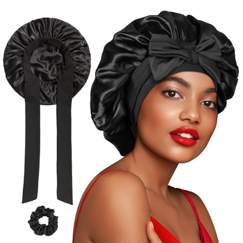 FOLAI Gorro de Satén para Pelo Rizado Ajustable con Banda Ancha Elástica para Dormir - para Mujeres y Niñas, Negro.