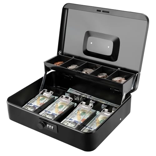 Jssmst Locking Large Metal Cash Box with Money Tray, Money Box with Combination Lock, Black