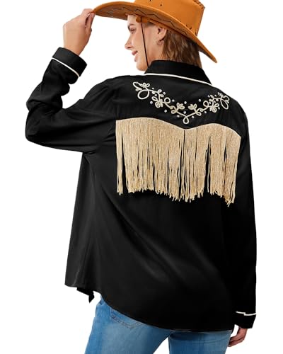JOHN MOON Women's Fringe Western Button Down Shirts with Studs Floral Embroidered Cowgirl Tops Country Style Snap Blouses2