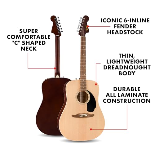 Image of Fender California Debut Redondo Series Acoustic Guitar Pack, Beginner Guitar, 2-Year Warranty, Includes Gig Bag, Stand, and More, Natural