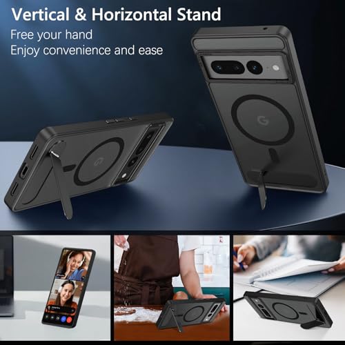 Image of GUAGUA for Google Pixel 7 Pro Case Compatible with MagSafe Google 7 Pro Magnetic Kickstand Cases Translucent Matte Skin Feeling Shockproof Protective Anti-Scratch Cover for Pixel 7 Pro 6.7 inch, Black