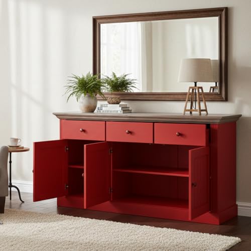 Image of APRODZ Solid Wood Alegre Sideboard Storage Cabinet for Living Room | Red