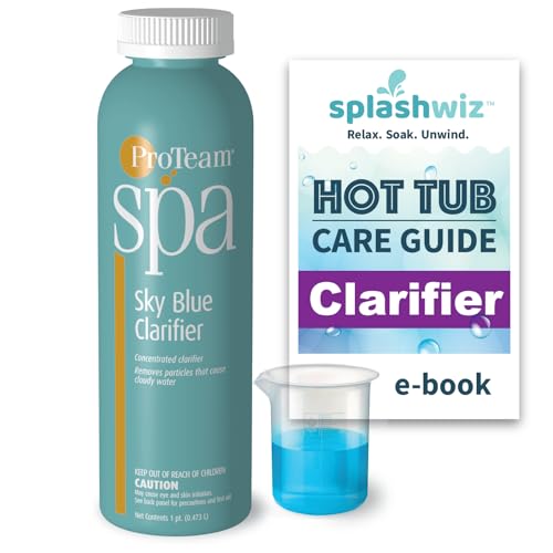 SplashWiz Proteam Spa Clarificador azul cielo, clarificador de spa, clarificador de bañera de hidromasaje, clarificador de agua para jacuzzi, guía de cuidado de productos químicos, fabricado en