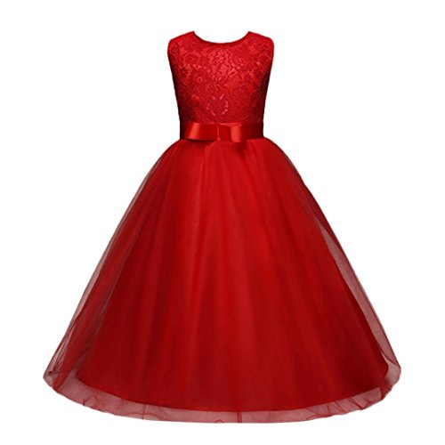 Oyedens Enfant Filles Robe de Princesse Fille Mariage Demoiselle dHonneur Baptême Anniversaire Chic Robe de Mariee Fille Robe Bustier Soiree Tutu Princesse en Dentelle Jupe Longue (Rouge, 4-5 Ans)