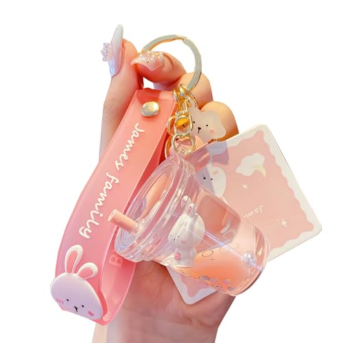 Rertnocnf Cute Kawaii Floating Bunny Boba Cup Keychain - 360° Standing Rabbit in Oil-Filled Milk Tea Cup Cute Cartoon Bag Charm for Backpack Purse Car Keys Trendy Fun Accessory Gift
