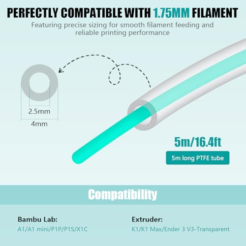 Image of Serplex Ultra-Clear PTFE Bowden Tube 5M for 1.75mm Filament with Cutter, 2.5mm ID x 4mm OD High-Performance Transparent Tubing Compatible with Bambu Lab A1 /P1 /X1C and Ender 3 V3 3D Printers
