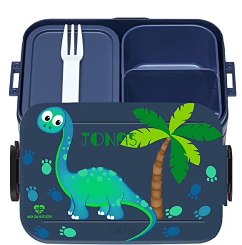 wolga-kreativ Brotdose blau Dino Palme mit Namen Mepal Obsteinsatz für Mädchen Lunchbox Bento Box personalisiert Brotbüchse Brotdosen Kindergarten Schule Cover