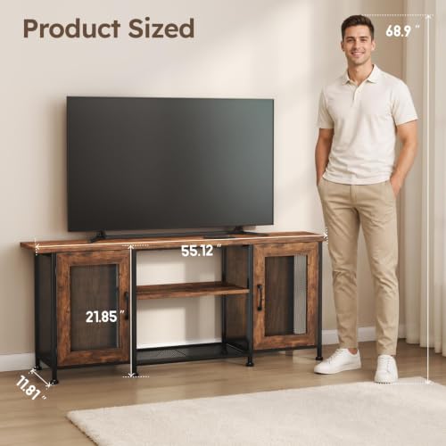 Homsorout TV Stand for Tvs up to 65“, Entertainment Center with 2 Cabinets | TV Console with Open Storage Shelves & Mesh Door Cabinets, 55.12"W Farmhouse TV Table for Living Room, Bedroom, Rustic - image 7