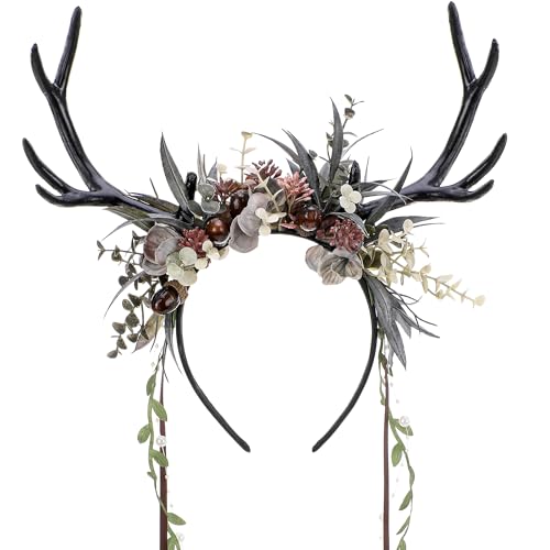 MOSTORY Dark Flower Antler Headband - Floral Deer Antlers Hairband with Vines for Renaissance Accessories Women Woodland Reindeer Horns Headband with Berries for Renfaire Fantasy Cosplay