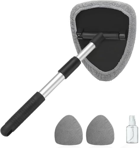 Audflay Windschutzscheiben Reinigungswerkzeug mit 3 Mikrofaser Pads | Ausziehbar, 180° drehbarer Kopf, Mit Flasche, Universal für Auto Innen & Außen, Haushalt