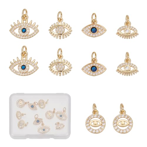 Image of NICENEEDED 10 Pcs 18K Gold Plated Evils Eye Charms, Cubic Zirconia Devil's Eye Enamel Charms Pendants, Turkish Evil Eye Crystal Beads with Jump Rings for DIY Necklace Bracelet Jewelry Making