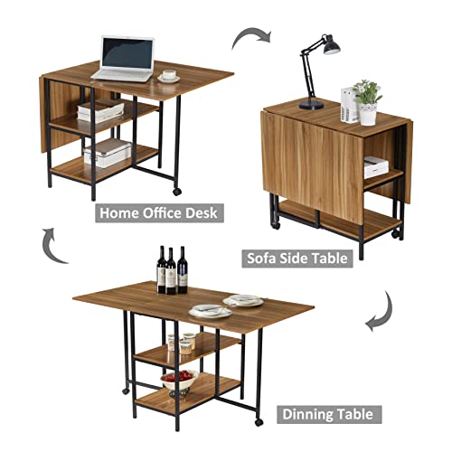 KOZYSPHERE Folding Dining Table, Folding Tables with 2 Storage Racks and 2 Wheels, Space Saving Dining Table for Kitchen/Living Room/Home Office,Natural - Thumbnail 2