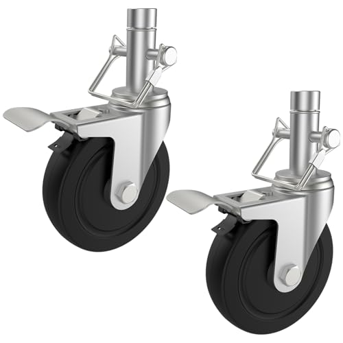 5 Inch Scaffolding Casters Set of 2 Heavy Duty Baker Scaffold Wheels with Dual Locking Brakes, Rubber Casters Round 1 Inch Stem Replacement Swivel Caster Wheels, 400LBS Capacity per Caster