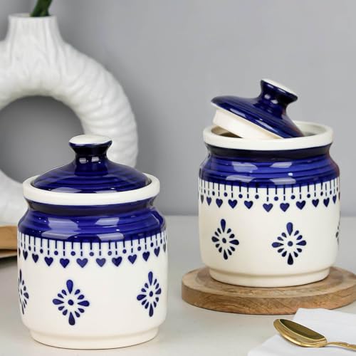 Image of The Earth Store Blue Drape Ceramic Jars for Kitchen Storage 600ML Each | Pickle Jar Set of 2 | Barni Jar with Lid | Ceramic Storage Containers Jar for Achar, Cookies, Chatney, Sugar