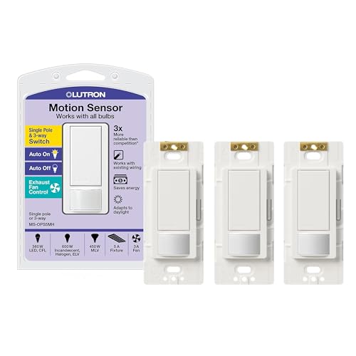 Lutron MS-OPS5M-WH-3 Maestro Motion Light Switch for Bathroom, Garage, Laundry Room, and Closet, for Any Bulbs, Occupancy and Vacancy Sensor, Single-Pole Only, No Neutral Req, 3 pack, White, 3 Count