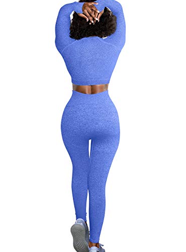 OYS Women\'s Workout 2 Piece Outfits Seamless High Waist Yoga Leggings Running Sports Long sleeve Gym Sets Blue
