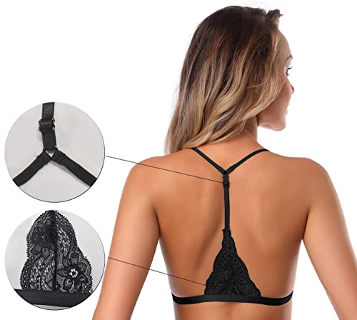 Shekini Women's Lace Bra Wireless Padded Triangle Bralettes For Women Front Closure Halter Bras For Women Black #TOP1