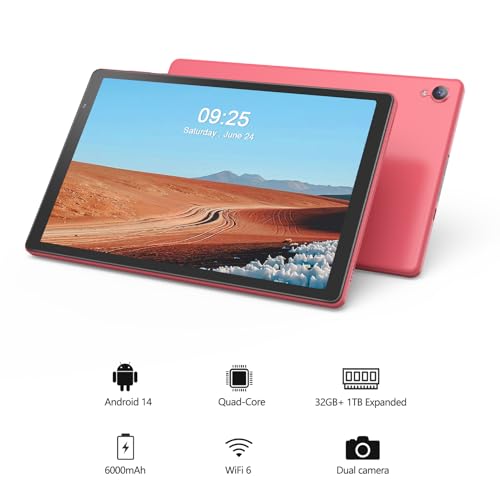 Image of PRITOM Tablets 10 inch, TAB10 Android 14 Tablet, Quad-Core, WiFi, 32 GB, 6000mAh, HD IPS Display, Dual Camera, Bluetooth (Pink)