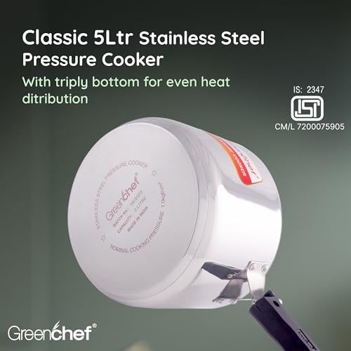 Image of Greenchef Stainless Steel Inner lid pressure cooker 5 litre - Classic, ISI certified, Induction and Gas compatible, Glossy Finish, Triply bottom, 5Year warranty