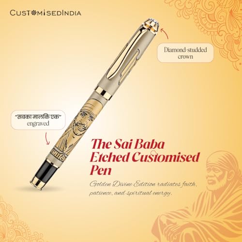 Image of Lord Sai Baba Etched Pen | Shraadha & Saburi Etched Design | Shirdi Sai Baba Engraved Figure | Brass Metal Engraved Pen for Office Use |