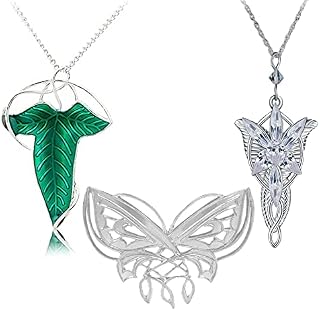 HJYZY 3 pcs Arwen Evening Star Butterfly Brooch Lord of The Ring Hobbit Necklace Vintage Green Leaf Elven Pin Brooch Pendant Chain Necklace