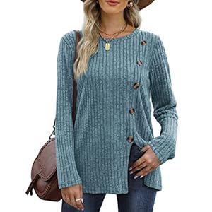 Aokosor Womens Long Sleeve Tops Ladies Lightweight Jumpers Button Front Slit Tunic