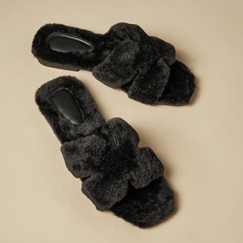 Women's Plush Slippers,Square H-shaped flat Bottom Warm fur Slippers for Women's Outdoor Wear in autumn and Winter,Open Toe Casual and Fashionable Plush Shoes4