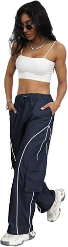 Miniatura 4 de Y2K - Pantalones deportivos de paracaídas para mujer, de tiro bajo, holgados, de pierna ancha, pantalones cargo para mujer