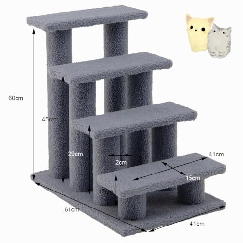 SOARS Katzentreppe, 4-stufige Haustiertreppe, Treppe für Katzen bis 25 kg, Hundetreppe, Kletterbaum Katzenbaum, 61 x 41 x 60 cm (Grau)