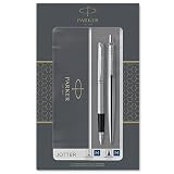 Parker Jotter Duo-Geschenkset mit Kugelschreiber und Füllfederhalter | Edelstahl mit Chromzierteilen | Nachfüllmine und -patronen mit blauer Tinte | Geschenkbox