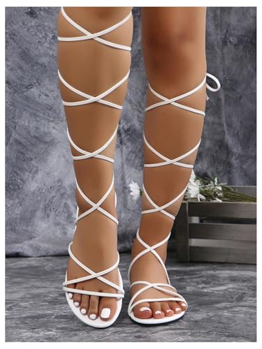 GORGLITTER Women's Lace Up Strappy Flat Sandals Wrap Tie Up Summer Gladiator Slides Shoes White 8.5 — view 5