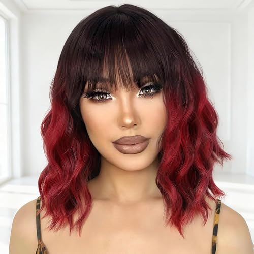 Ucubb Wig for Black Women Short Wavy Curly Bob Wig with Bangs