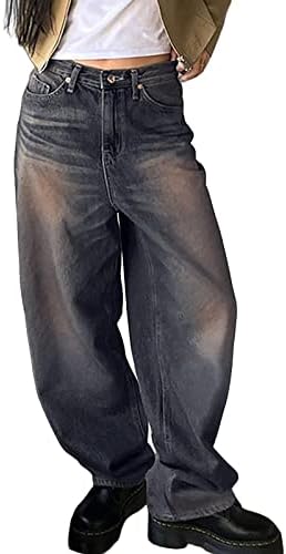 Women's Fashion Street Loose Washed Polished Waist Straight Pants Jeans Denim Trousers Denim Waist