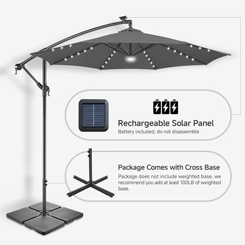 Image of Solar Offset Patio Umbrella - 10 FT Solar Cantilever Umbrella Outdoor with 40 LED Lights and Cross Base, UV Protection for Garden, Deck, Backyard, Pool, Porch, Anthracite