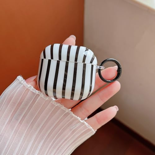 Image of MINSCOSE for AirPods 4 Clear Case,Cute Striped Aesthetic Pattern Design with Trendy Keychain Ring,Soft TPU Protective Shockproof Cover with Cleaner Kit for Girls Women for Airpods 4-White