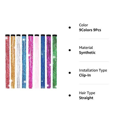 Hair Tinsel Strands Kit 9 Colors Highlights Colorful Synthetic Straight Hair Extensions 18" Sparking Shiny Hair Pieces Party Multi-Colors Clip In Hair Pieces For Women Girls Kids Gift (9Colors 9Pcs) #TOP5