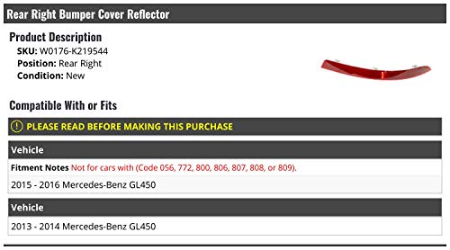 Marketplace Auto Parts Rear Right Passenger Side Bumper Cover Reflector - Compatible with 2013-2016 Mercedes-Benz GL450