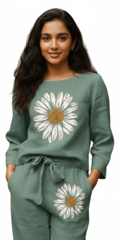 Image of White Button new Girls sunflower Daisy Print Flax Cotton Co-ord Set - Breathable Summer 2-Piece Outfit