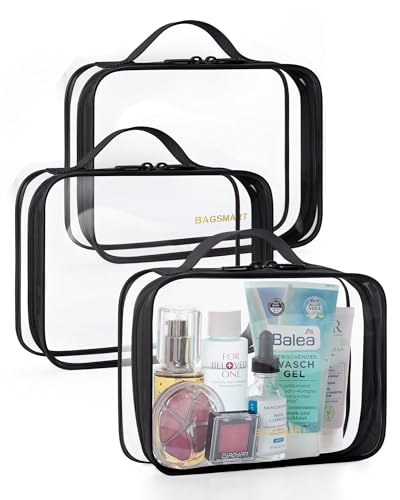 Image of BAGSMART Clear Toiletry Bag with Handle 3-Pack TSA Approved, Black | Water-resistant Travel Toiletry Bag, Carry On Travel Accessories Bag, Airport Airline Quart Size Bags Women Men, Makeup Bag